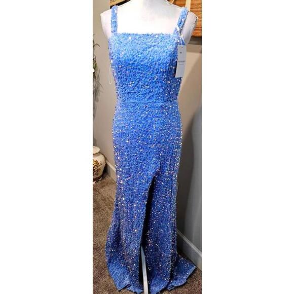 Frosted Baby Blue Glimmering Sequin Evening Gown with Lace-Up Size 10 - Picture 2 of 6